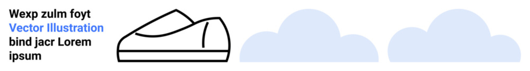 Black and white minimalist shoe with blue clouds and placeholder text. Modern, clean aesthetics. Ideal for web design, branding, digital art, educational materials, social media, presentations