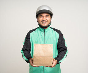 Young asian rider wearing green jacket uniform and helmet various action holding food paper bag...