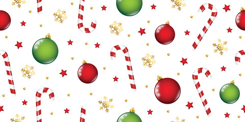 christmas seamless pattern with candy cane and ball decoration vector illustration