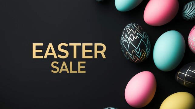 Patterned Easter eggs with gold text on black background for holiday sales