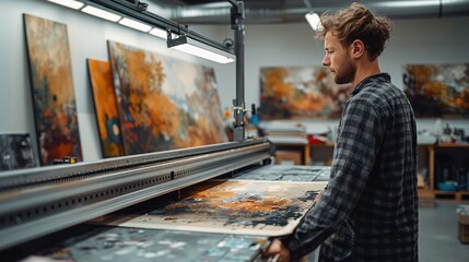 A man scanning a large painting on a flat bed printer, clean minimal, professional.