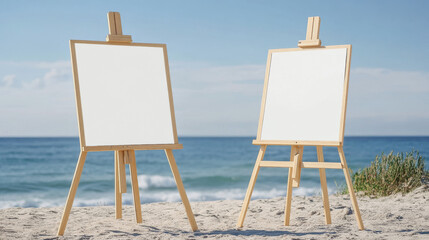 3D set of easel stands isolated on transparent background. Vector realistic illustration of wooden tripod with blank white canvas, front and side view, art studio or painting school design elements