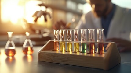 Dynamic laboratory experiment colorful test tubes arrangement science lab digital image bright environment close-up view conceptual chemistry
