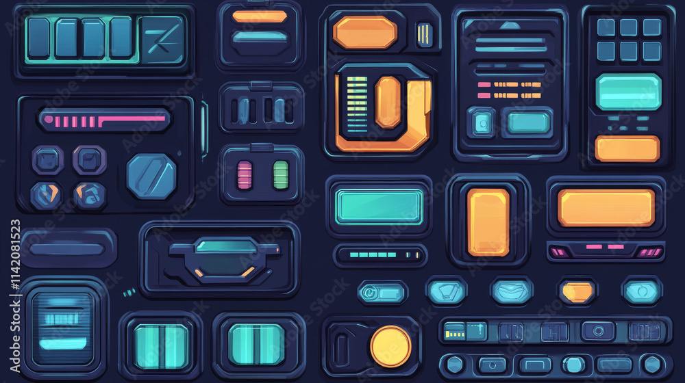 Aufkleber game frames and buttons in sci fi style. menu, game assets and design elements for user interface. v