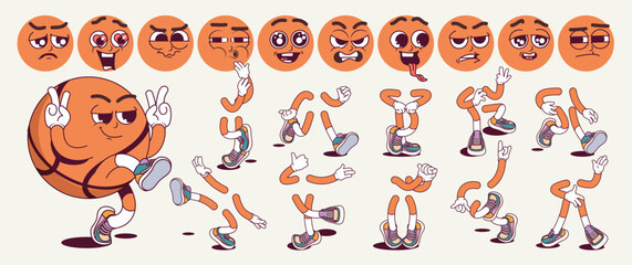 Basketball ball cartoon character with groovy comic faces set. Funny mascot with bundle of happy, smile, angry and other facial emotions, jump and walk legs poses, hands gestures. Vector illustration.