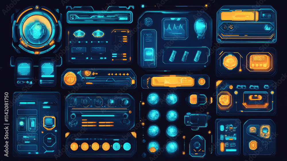 Aufkleber game frames and buttons in sci fi style. menu, game assets and design elements for user interface. v