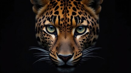 Fototapeta premium Intense Leopard Close-Up with Dark Eyes on Black Background