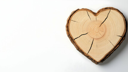 A heart-shaped wooden slice with visible growth rings and cracks, set against a plain white background.