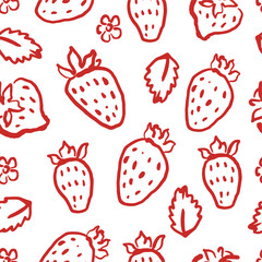 Hand drawn strawberries seamless pattern. Berries on white background. Naive art style backdrop. Fruit pattern design for textile, wallpaper, and print.
