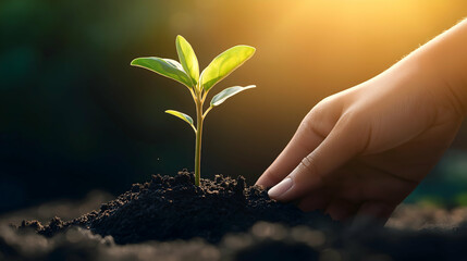 Fototapeta premium A hand gently nurtures a young plant sprouting from rich soil, symbolizing growth, care, and the beauty of nature illuminated by warm sunlight.