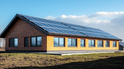 Fototapeta premium Modern Brick House with Solar Panels on a Sunny Day