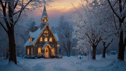 Snow covered church, christmas