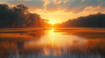 Obraz premium Golden Sunset over Serene Marsh Landscape