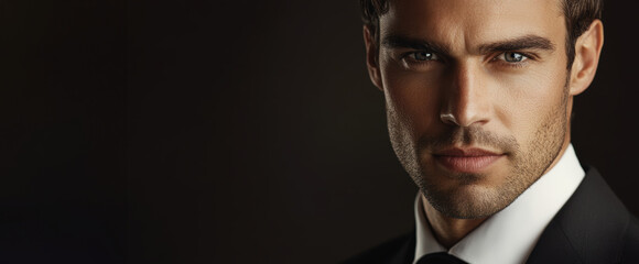 Obraz premium Confident man in a tailored suit posing against a dark backdrop highlighting his features and strong presence