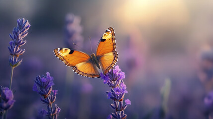 vibrant butterfly with orange wings perched on purple flowers, showcasing nature beauty