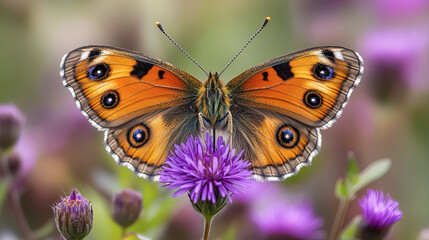 Vibrant butterfly with orange wings perched on purple flower, showcasing beauty