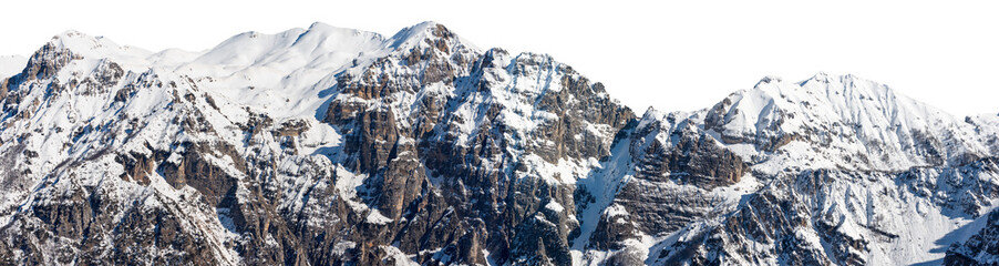 Snow capped mountain peaks of Italian Alps isolated on white or transparent background, png. Mountain range of Monte Carega also called the Small Dolomites. Veneto, Trentino Alto Adige, Italy, Europe.