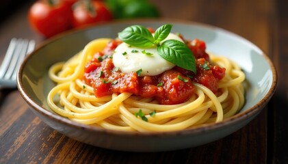 Fototapeta premium Tagliatelles with tomato sauce and mozzarella, Italian flat noodles, homemade noodle, Italian cuisine