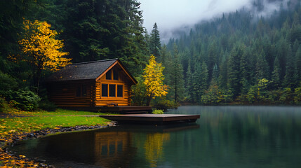 A serene lakeside cabin surrounded by vibrant autumn foliage and dense evergreen trees, reflecting tranquility and natural beauty