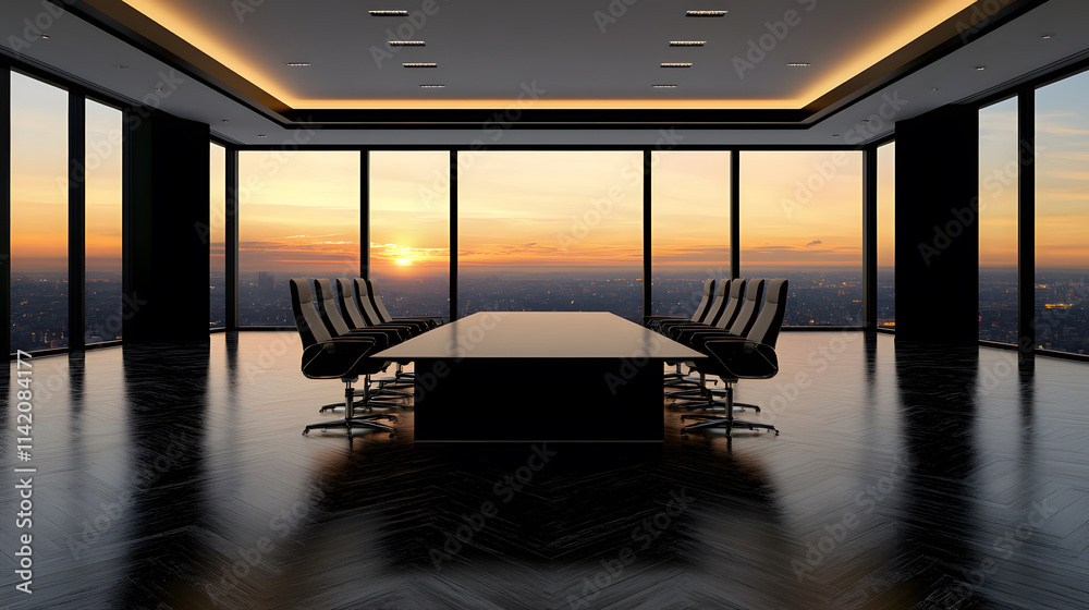 Poster a modern conference room with a large table and sleek chairs, featuring expansive windows showcasing