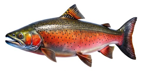 Close-up macro shot of a salmon silhouette, detailed fins and scales against a white background.