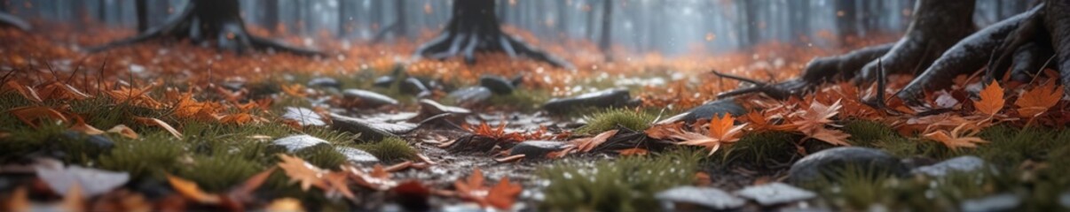 Snowflakes gently falling on a forest floor covered with fallen leaves and branches, nature, winter, branch