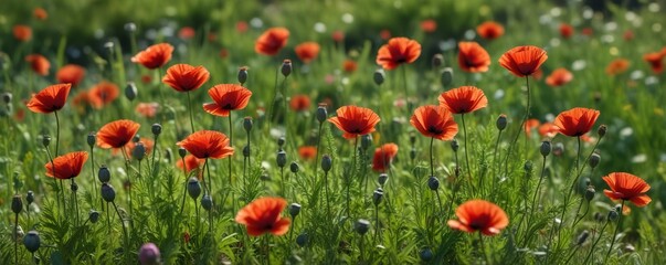 Fototapeta premium Small poppy buds scattered in a garden among the grass, nature, garden, flower