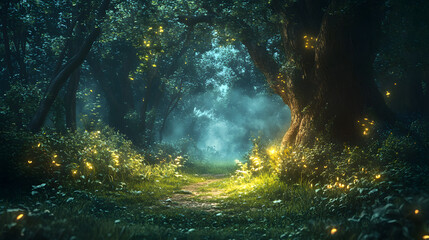 Obraz premium An Enchanting Mystical Forest Scene Adorned with Glowing Wild Herbs Under the Moonlight