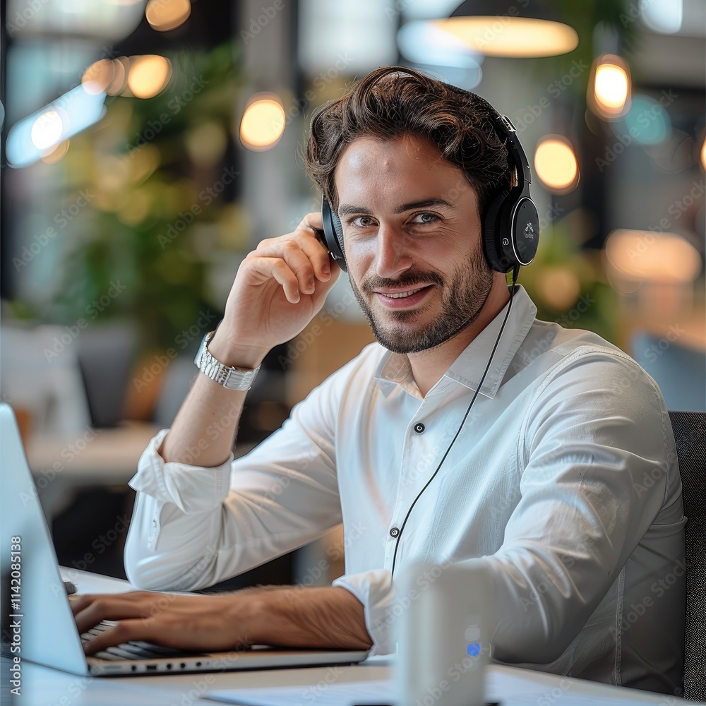 Poster a man is sitting at his desk in an office, wearing headset while working on a laptop computer.