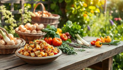 A colorful salad with roasted vegetables displayed on a wooden table surrounded by fresh garden produce. A vibrant representation of organic farming, healthy eating, and abundant nature.

