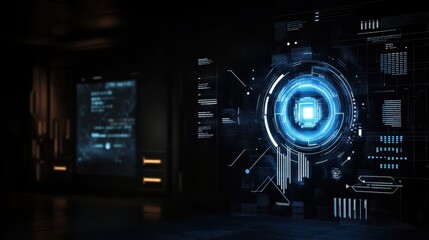 A futuristic digital interface featuring a glowing blue circular element, surrounded by intricate technology in a dark environment.