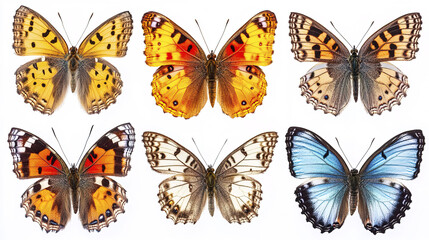 Colorful butterflies isolated on white background, showcasing diverse patterns