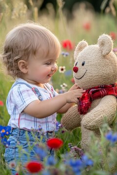 Happy Toddler Boy Plays with His Teddy Bear in a Field of Vibrant Summer Wildflowers.