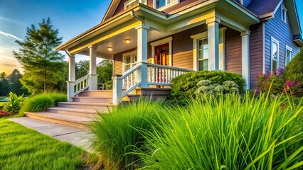 Fototapeta premium Lush Garden View: Close-Up of House Porch Entry - High Grass Perspective