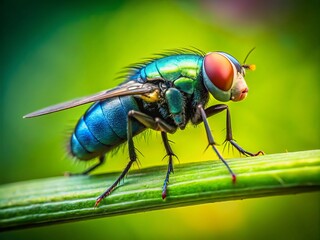Naklejka premium Macro Silhouette Blow Fly on Green Stalk - Nature Photography