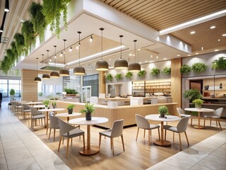 Minimalist Beige Food Court Design: Contemporary Shopping Mall Interior Medium Shot