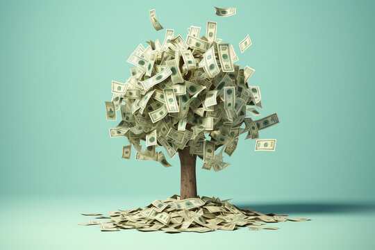 A conceptual image of a money tree with cash and dollar bills growing on its branches, set against a blue background. growth, investment, and wealth accumulation