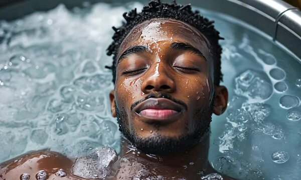 Black man taking an ice bath in the morning. Healthy lifestyle habits. cold therapy