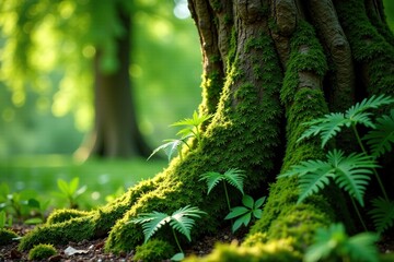 Moss-covered weeping willow tree trunk with ferns, weeping willow, moss, textures