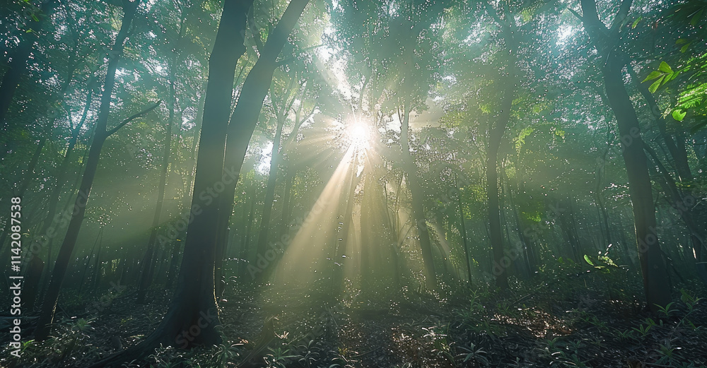 Poster A dense forest with sunlight filtering through the trees, creating an enchanting.