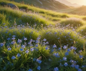 Morning light casts a warm glow over a lush meadow filled with vibrant blue wildflowers and soft green grass, soft focus, outdoor scene