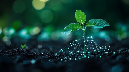 Fresh Green Plant Growing from Rich Soil with Digital Network Connections in a Blurred Natural Background