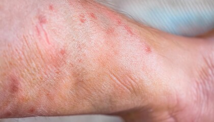 Close-Up of Red, Inflamed, Itchy Allergic Rash on Human Skin with Irritation, Dryness, and Visible Red Bumps Indicating Allergic Reaction or Skin Condition Like Eczema, Dermatitis, or Hives
