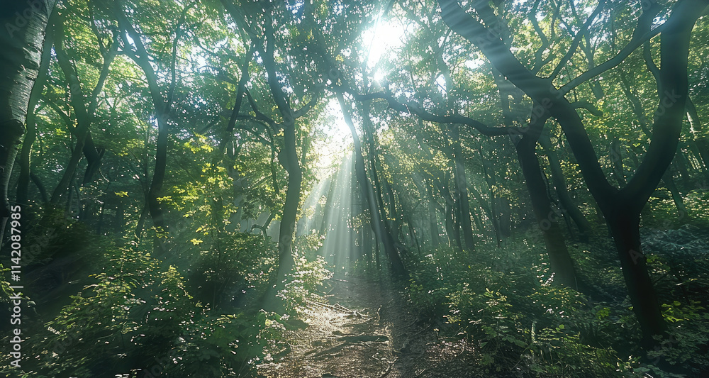 Poster A dense forest with sunlight filtering through the trees, creating an enchanting.