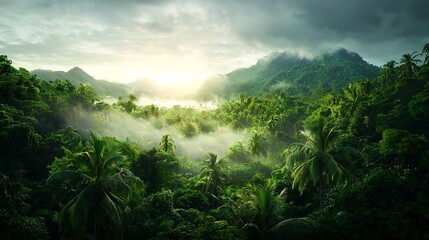 Lush verdant tropical forest scene with mist rising from the plants showcasing the natural process of as part of the water cycle ecosystem