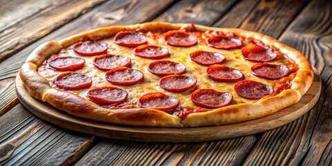 Pepperoni pizza slice, wooden background. Minimalist food photography, clean lines, flat lay.