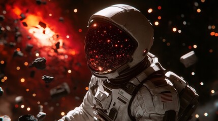 Astronaut in Space Debris Field