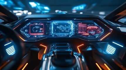 Obraz premium Close-Up of a Futuristic Car Dashboard Glowing with High-Tech Displays and Controls