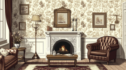 Luxury old living room stuff. Classic style furniture, fireplace with marble stone texture, leather couch, armchair and coffee table, floor lamp, decorative pillow and flower vase, Cartoon vector set