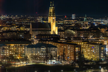 Stockholm, Sweden A night view of the Hogalid Church on Sodermalm.